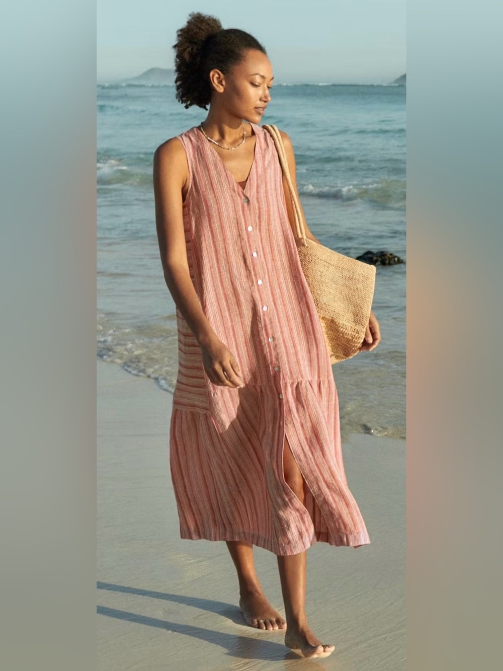POETRY LINEN SLEEVELESS STRIPED DRESS, TERRACOTTA RED, SIZE 4, NWT.
